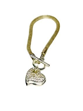 Vintage Gold-Tone Heart Pendant Bracelet with Crystal Accents